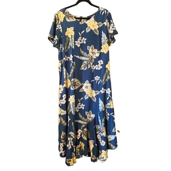 Two Palms Floral Maxi Dress Blue Yellow Tropical Hawaiian Summer Vacation Casual - Picture 1 of 7